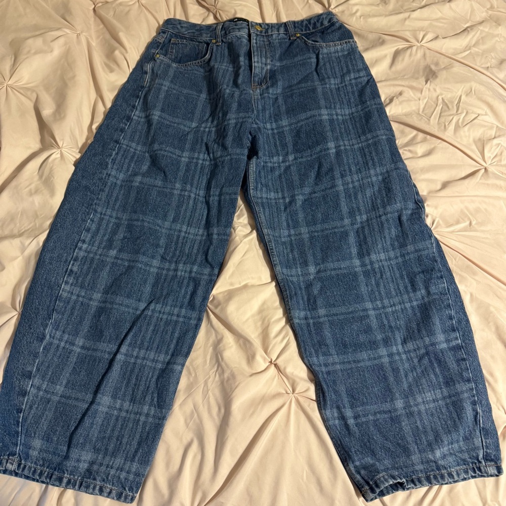 ASOS Blue Plaid Flare & Wide Leg Jeans